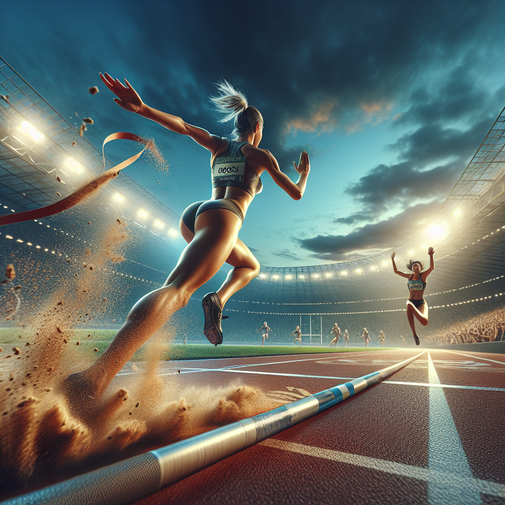 Photographic scene of 2025 athletics final sprint and long jump records, dramatic lighting